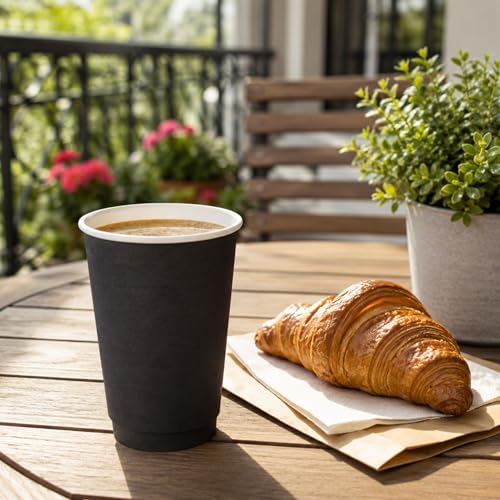 Image of Restaurantware 16 Ounce Disposable Coffee Cups, Pack of 25 Double Wall Hot Holders a€ inch Lids Sold Separately, Rippled Wall and Black Paper Insulation, Ideal for Coffee, Hot Chocolate, Tea, and More