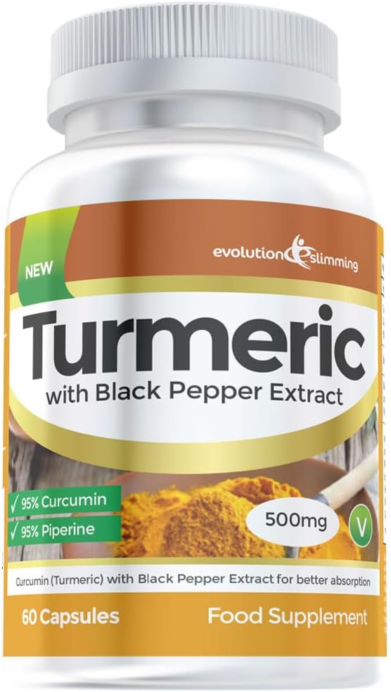 Turmeric with Black Pepper Extract Piperine, High Strength (500mg) for Weight Loss & Anti-Weight Gain, 60 Capsules, Evolution Slimming