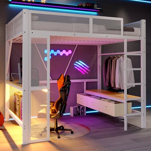 Yihomfy Lit Mezzanine 140x200 cm, Lit Superposé avec Port USB, Eclairage LED, Bureau, Armoire Ouverte et 3 Tiroirs à Linge,Métal,Confort Enfant ou...