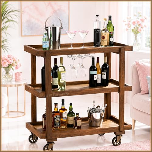 Image of Premium Bar Cabinet | Delux Mini Bar Cart with Glass Holders, Bottle Rack & Drawer Storage | Solid Sheesham Bar Furniture for Home, Office, Rasturent & Hotels (Premium)