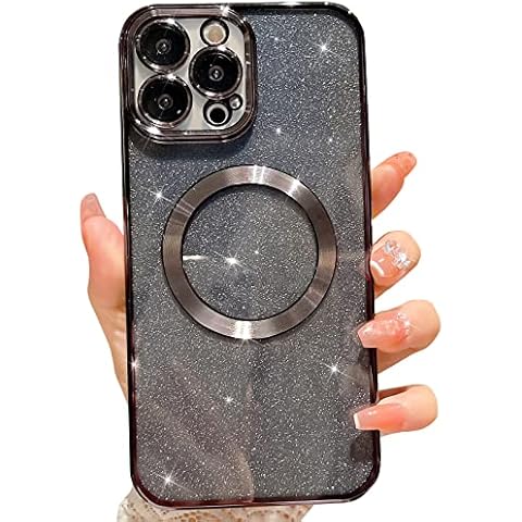 MGQILING Compatible with iPhone 12 Pro Magnetic Glitter Case, Luxury Plating Cute Bling Clear Phone Case, Compatible with MagSafe for Women Girls with Camera Protector Back Cover - Black Cover