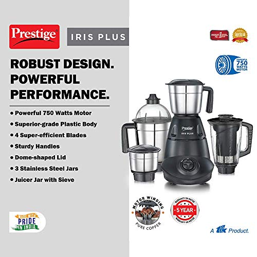 Prestige Iris Plus 750 W Mixer Grinder With 4 Jars (3 Stainless Steel