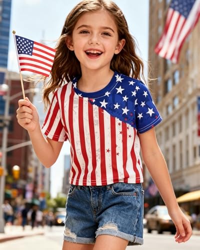 Image of Tkria Girl Crop Tops July 4th Crewneck Tshirt American Flag Patriotic USA Flag Girls Outfit Clothes Size 6-14