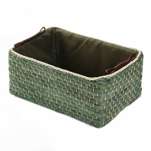 Basket Woven Maize Straw Storage With Handle, Kingwillow(Rectangular,Green Small:12.60"Lx8.66"Wx5.51"H) #TOP15