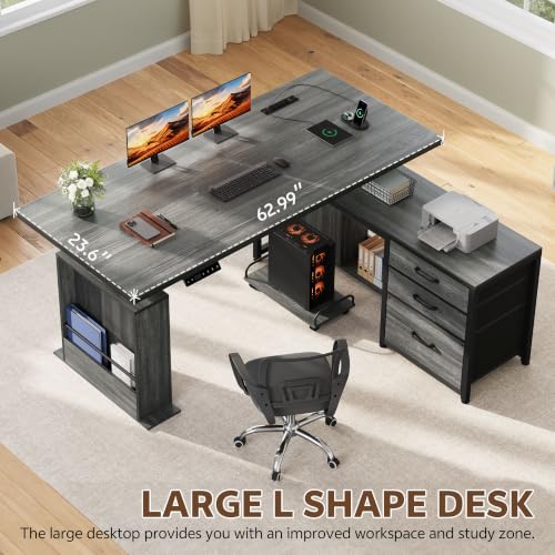 Image of 63'' L Shaped Desk with 3 Drawers Electric Standing Desks Grey