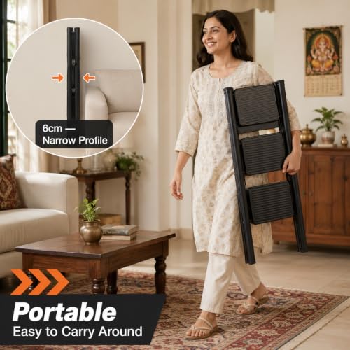 Image of Equal 3 Step Advance Foldable Step Ladder for Home | Carbon Steel | Wide Anti-Slip Steps | 150 Kg Capacity | 3 Year Warranty | Grey