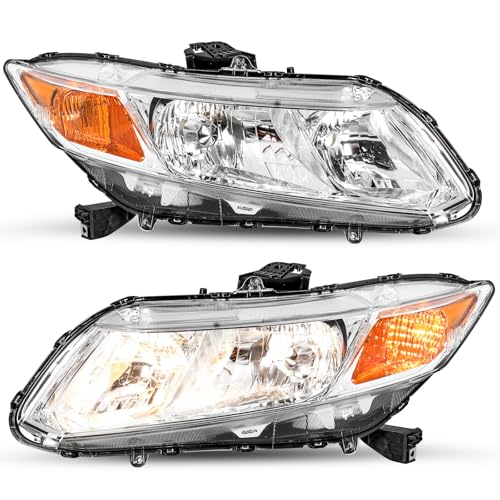 SOCKIR Headlight Assembly Compatible with 2012-2015 Honda Civic 4-Door Sedan / 2012-2013 Honda Civic 2-Door Coupe Replacement Driver and Passenger Side Chrome Housing with Amber Reflector