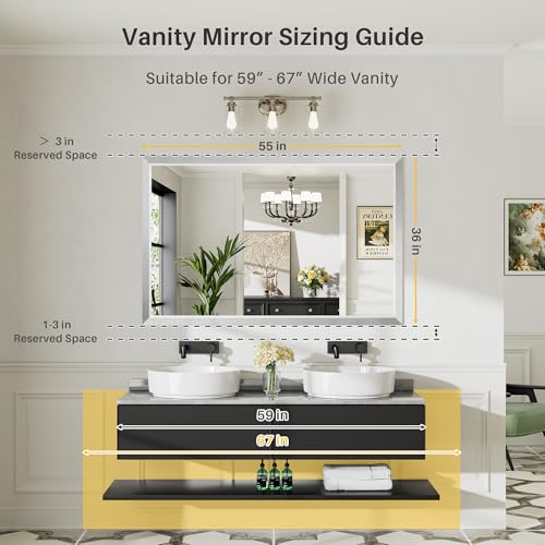 55x36 Inch Silver Bathroom Mirror for Wall, Thick Metal Framed Rectangle Mirrors for Over Sink, Bedroom, Living Room, Entryway, Anti-Rust, HD Tempered Glass