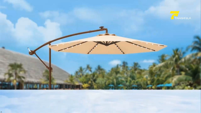 Tangkula 10FT Offset Patio Umbrella with Base Included, Outdoor Cantilever Umbrella with 40 Solar LED Lights, Tilt Adjustment, Crank Handle, Vented Top, Sand Bags for Pool Yard Deck (Burgundy)