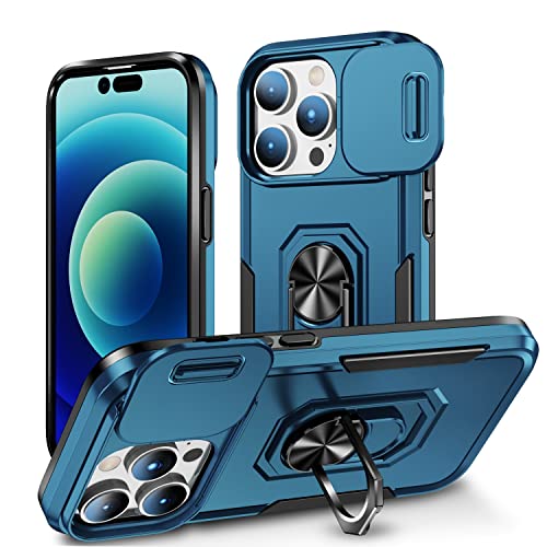 Image of Polycarbonate Back Cover Case Compatible for Apple iPhone 14 Pro Max with Slide Camera Cover & Rotated Ring Stand | Military Grade Mobile Phone Cover Case for Apple iPhone 14 Pro Max (Blue)