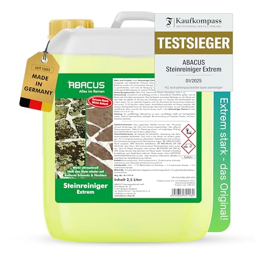 ABACUS® Steinreiniger Extrem, intensiver Steinreiniger für außen mit Sofortwirkung, entfernt sofort Schmutz, Grünbelag, Flechten & Algen auf Steinen in Minuten, Steinreiniger Intensiv außen 2,5 Liter