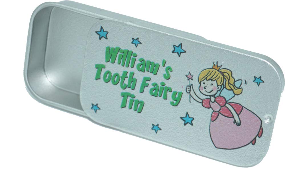 Personalised Tooth Fairy Keepsake Tiny Tin Box in Organza Gift Bag Pink or Blue Stars Child Childrens (Blue Stars)