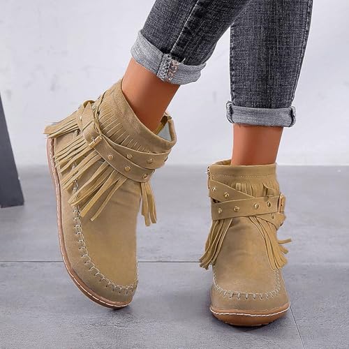 Ankle Cowboy Boots For Women Short Wide Width Cowboy Booties Western Suede Fringe Boots Round Toe Flats Winter Warm Fashionable Outdoor Short Booties With Zipper4