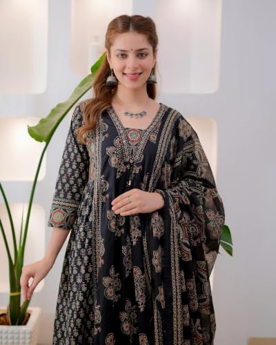 Image of Nermosa Women's Printed Anarkali Kurta and Palazzo Pant Set with Dupatta