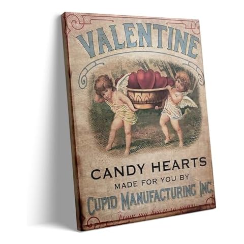 Valentine's Day Canvas Wall Art Decor - 24X30 inch Vintage Cupid and Candy Hearts Print, Romantic Valentine's Day Gift for Couples and Home Canvas Wall Art Decor, Retro Love Theme Artwork Cover