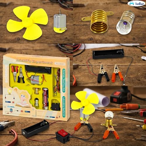 Image of FunBlast Science Experiment Kit - Science Kit for Kids, STEM Learning Kit, DIY Science Kit for Students & School Projects, Electric Circuit Kit for Students with Motor Fan Toy (Yellow)