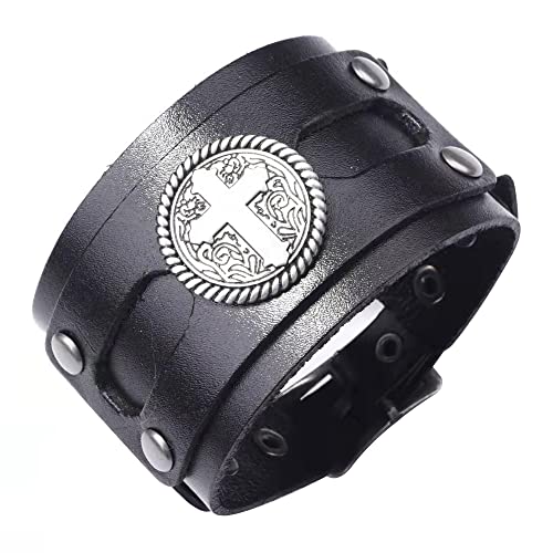 NIGHTCRUZ Wide Leather Bracelet with Cross, Medieval Leather Cuff Wristband for Mens