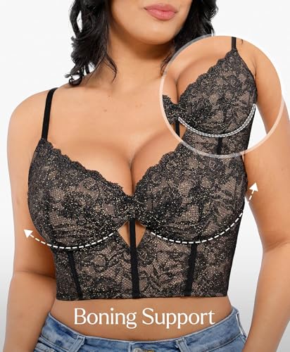Popilush Bustier Corset Crop Tops for Women V Neck Lace Bralette Black M - image 4