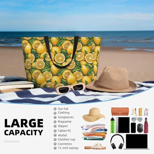 Large Beach Bags for Women Sandproof - Cartoon Lemon Cute Print Summer Travel Work Tote Bags with Zipper4