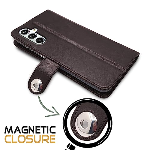 Image of Pikkme Samsung Galaxy F54 / M54 5G Flip Cover Leather Finish | Inside TPU with Card Pockets | Wallet Stand and Shock Proof | Complete Protection Button Flip Case (Coffee)