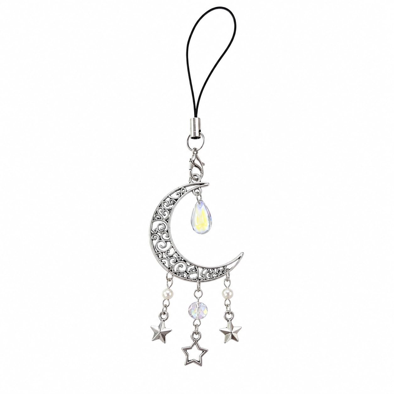 Celestial Crescent Moon & Star Phone Charm Strap Silver | Aurora Crystal Drop, Pearl & Star Dangles, Filigree Design, Boho Aesthetic, Bag & Keychain Use-image-28