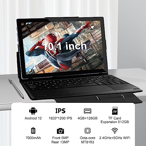 Byybuo Tablet 10.1 Inch, 2 In 1 Android 12 Tablets With Keyboard Case, 4Gb+128Gb,1920X1200 Fhd Display,7000Mah Battery,Octa-Core Processor,5G+2.4G Wifi,Bluetooth,Gps,Fm,Metal Body (2023 Newest) #TOP1