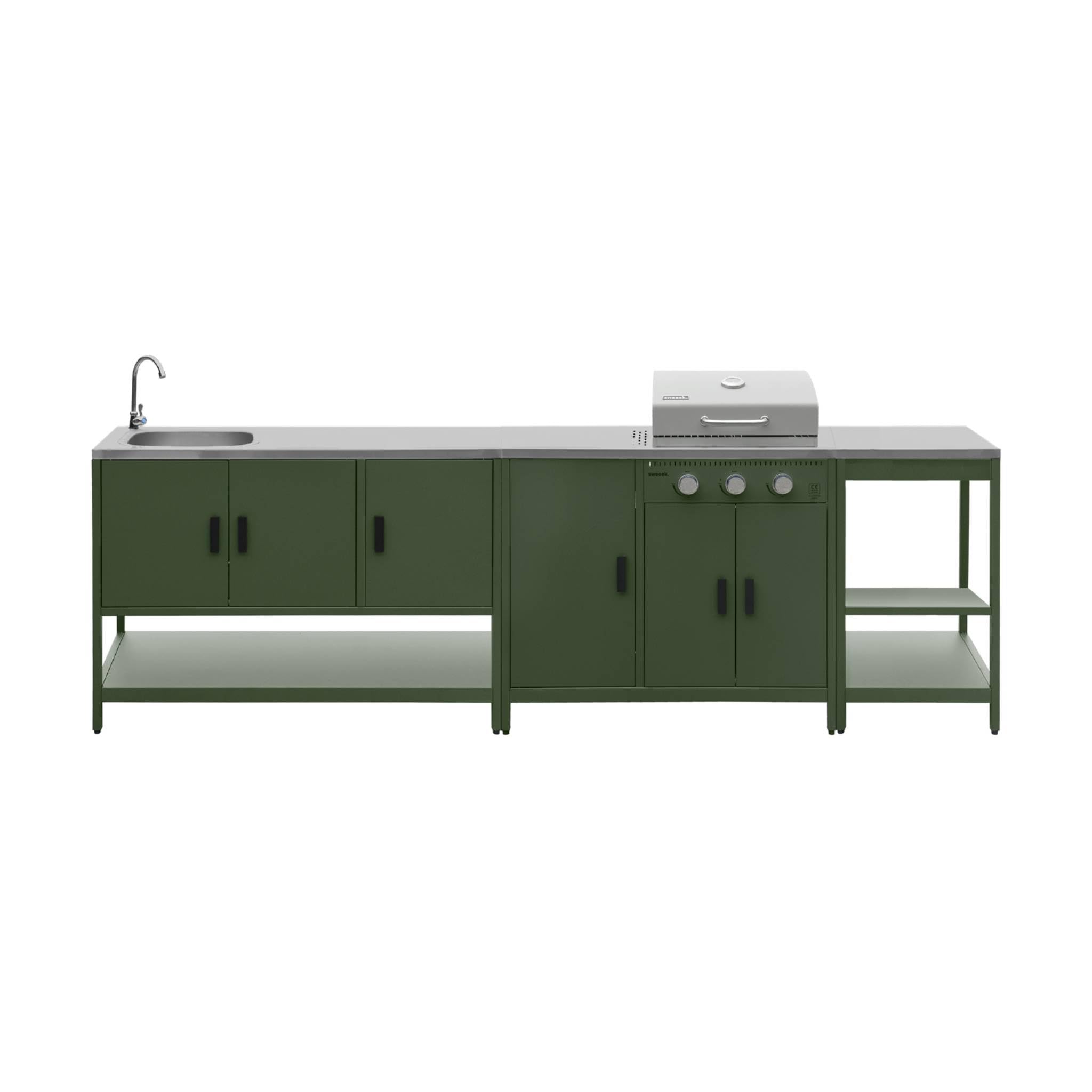 Cucina da esterno 3 moduli con barbecue a gas 3 bruciatori su piedi, termometro Verde - 100x51x87.5 cm
