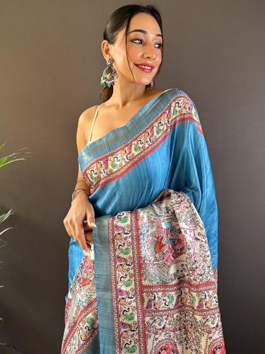 Image of Panzora Women's Tussar Silk Madhubani Printed Saree With Unstitched Blouse Piece
