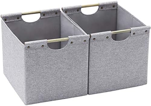 HOONEX Large Foldable Storage Bins, Linen Fabric, 2 Pack, with Wooden Carry Handles and Sturdy Heavy Cardboard, for Home, Office, Car, Nursery, Light Grey