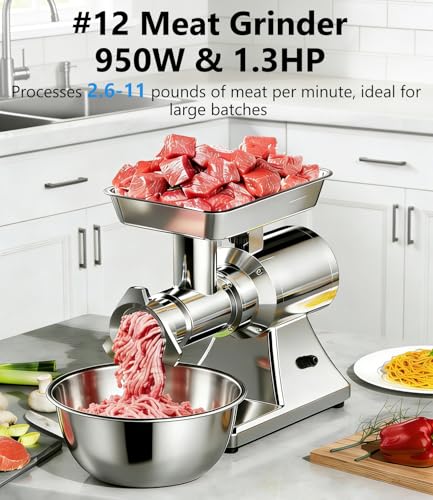 Image of #12 Electric Meat Grinder 1.3HP Grind Chicken Bones and Frozen Meat 950W | Full Stainless Steel, Home & Commercial Use, With Sausage Stuffer Tube, Large Tray, Heavy-duty, Low-Speed Grinding