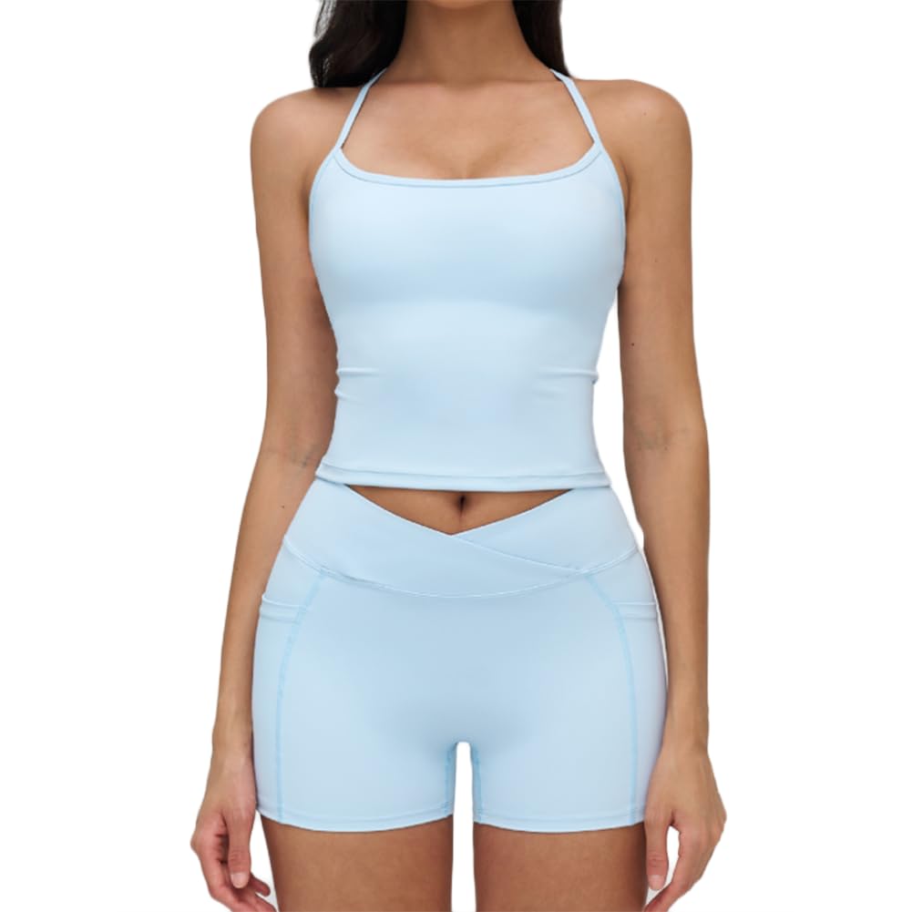 XYFfybhsd Women High Waist Sleeveless Yoga Sets Gym Fitness Running (Size:M,Color:Blue)