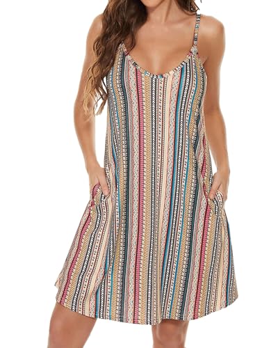 JOELLYUS Womens Summer Dresses Spaghetti Strap Sundress Casual Beach Cover Ups Swing Dress with Pockets (Stripe,M)