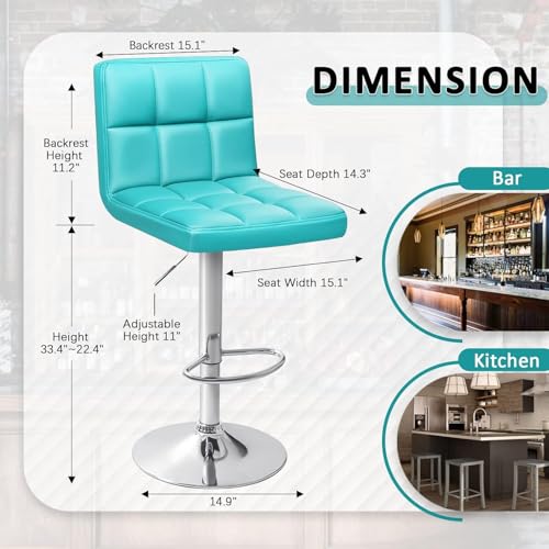 Image of Homall Bar Stools Modern PU Leather Adjustable Swivel Barstools, Armless Hydraulic Kitchen Counter Bar Stool Extra Height Square Island Barstool with Back Set of 2 (Leather, Blue)