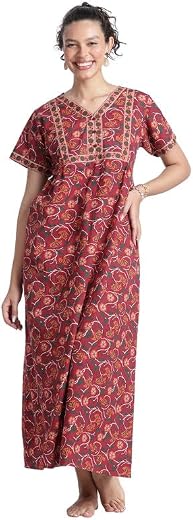 Naidu Hall Women’s Nighty for Women Cotton Full Length Night Gown Floral Printed V Neck Night Dress with Pocket Relaxed Fi...