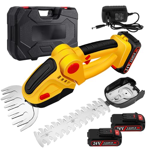 ROCKY&CHAO 24 V batería cortasetos y tijeras de césped 2 en 1 – Cortacésped inalámbrico con 2 baterías de 1500 mAh, cuchillas SK5 de 12 cm/23 cm, prácticas tijeras de césped para jardín y césped