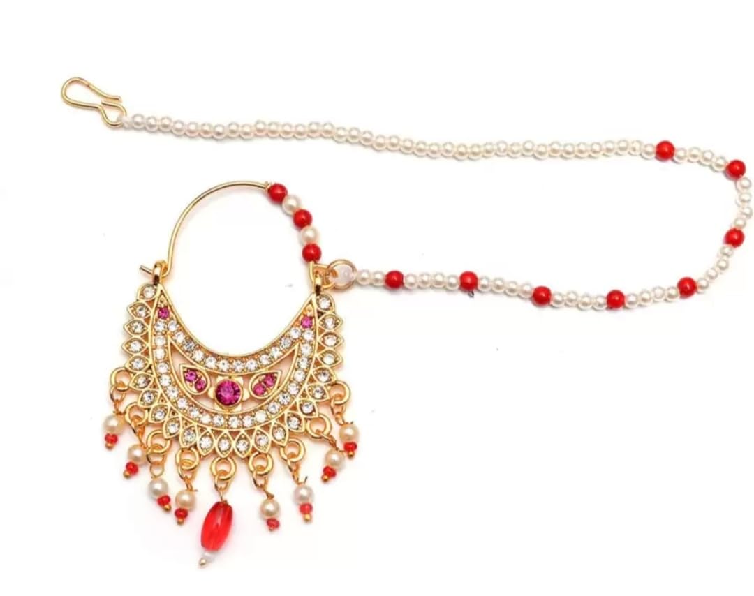 NIKYANKA Traditional gold plated bridal jewellery nose ring pink stone nathiya jodha nath for girls and womens (B0CFQX1N4B) Amazon Price History, Amazon Price Tracker