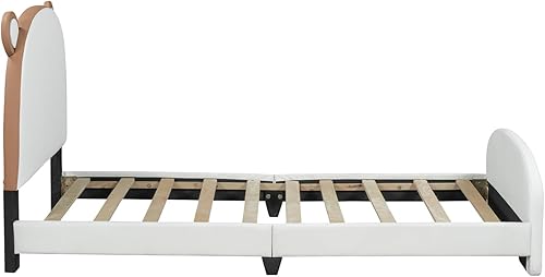 Miniatura 3 de Cama de plataforma tapizada de tamaño individual con cabecero y estribo en forma de oso, marco de cama para niños y niñas y adolescentes,