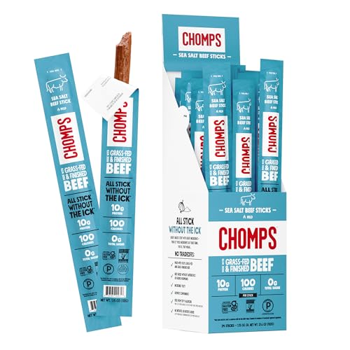 CHOMPS Grass Fed Sea Salt Beef Jerky Snack Sticks, Keto, Whole30, Paleo, Gluten Free, Sugar Free, Low Carb, AIP Diet Compliant, 1.15 Oz, Pack of 24