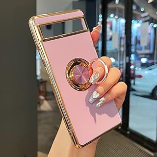 ZTOFERA Compatible with Google Pixel 7 Case with 360 Degree Rotation Stand Ring Holder, Flexible Silicone Phone Case with Magnetic Metal for Car Mount Gold Edging Shockproof Cover, Purple