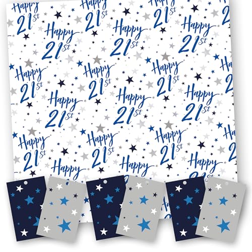 Happy 21st Birthday Gift Wrap. 5 XL Sheets (50 x 70cm). Wrapping Paper with matching Gift Tags. Cutting grid on reverse. Made in UK.
