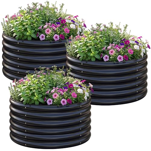 Image of AHEONLAR 3PCS 2x2x2FT Galvanized Raised Garden Bed Kit Round Metal Flower Box Large Planter Raised Beds Outdoor Garden for Planting,Fruit,Herb Black