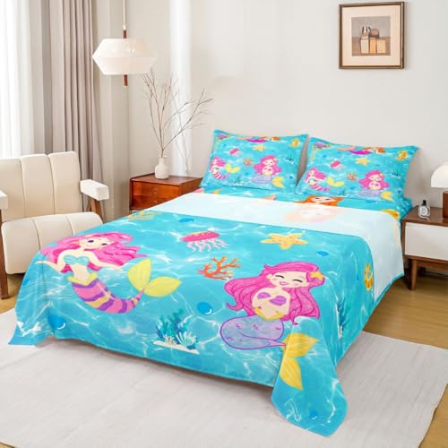 Image of jejeloiu Mermaid Bed Sheets Sets Full Size Kids Boys Girls Tropical Ocean Bedding Set Blue Pink Bed Sheet Set with 16-Inch Deep Pockets Mermaid Tail 4Pcs with 2 Pillow Cases