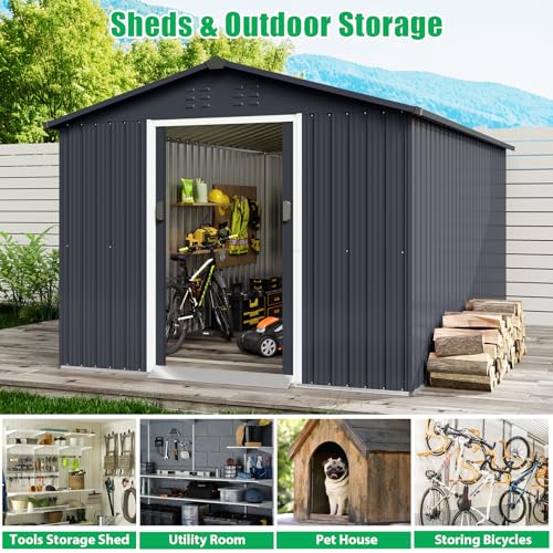 8x15 Ft Outdoor Storage Shed, Steel Utility Tool Shed with Sloped Roof & Lockable Door, Backyard Garden Patio Lawn Outdoor Shed for Organising Tools and Equipment in Yard, Garden, Grey