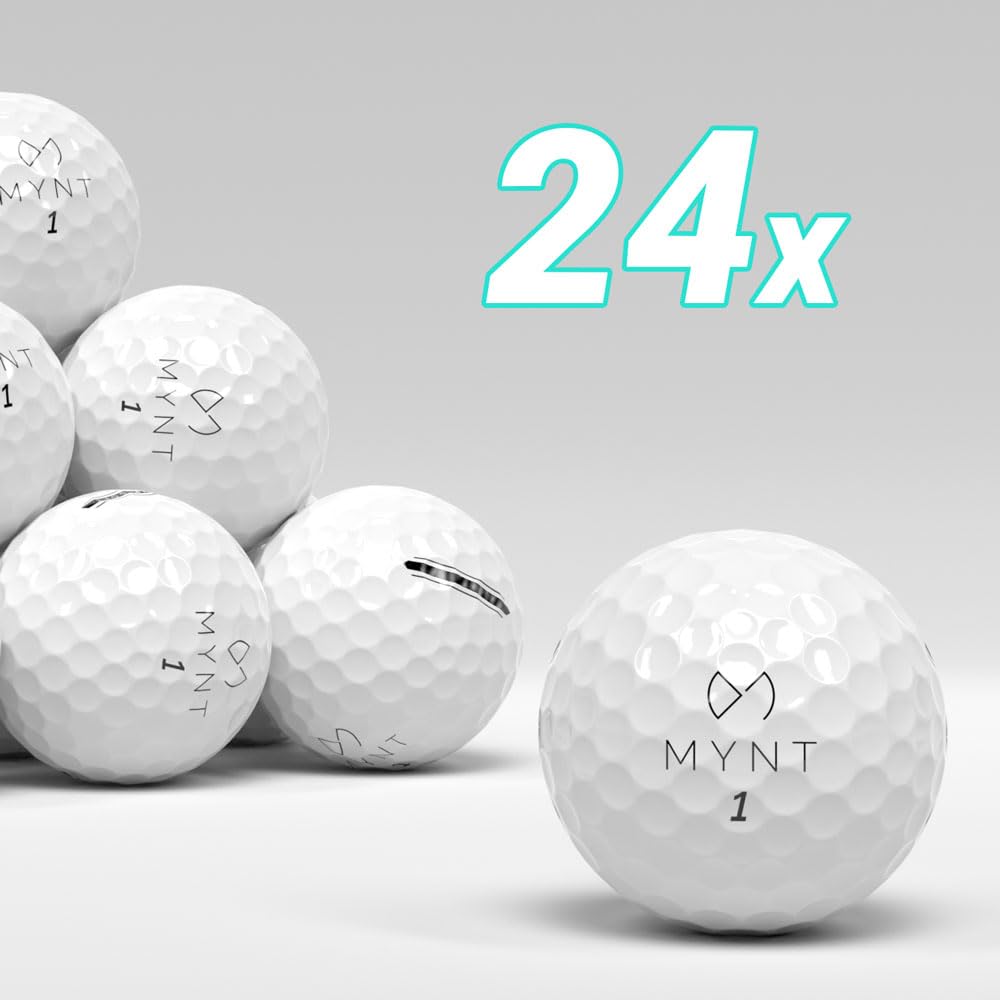 MYNT Piłki golfowe do golfa, 24 sztuki, w zamykanej siatce, białe, 2-warstwowe, Surlyn, dystans, miękkie, maksymalna długość, najlepsze profile, profesjonalne, prezent do golfa, premium