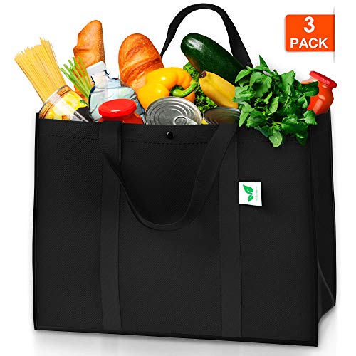 Reusable Grocery Bags (3 Pack, Black) - Hold 45+ lbs - Large