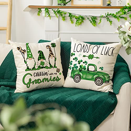 Avoin Colorlife St Patricks Day Love Gnomes Truck Clover Throw Pillow Covers, 18 X 18 Inch Loads Of Luck Lucky Shamrocks Decoration For Sofa Couch Set Of 4 #TOP1