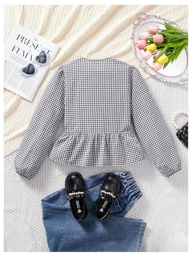 SHENHE Girl's Gingham Bow Top Lantern Sleeve Ruffle Hem Peplum Blouse Cute Going Out Top2
