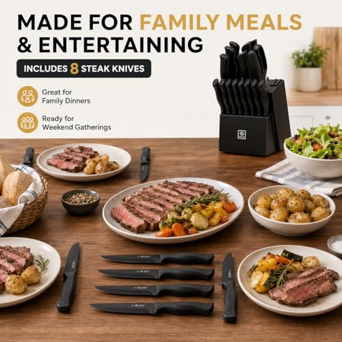 NULAS 19-Piece Kitchen Knife Set with Block and Built-In Sharpener, Black - image 8