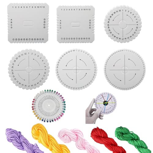 HUAEDNWKYI 6 Pièces Disques Tressés pour Bracelets – Lot de 2 Disques Carrés (10cm & 15cm) et 4 Disques Ronds (10cm, 15cm, 32/48/64 trous) avec 5 Fils Colorés pour DIY