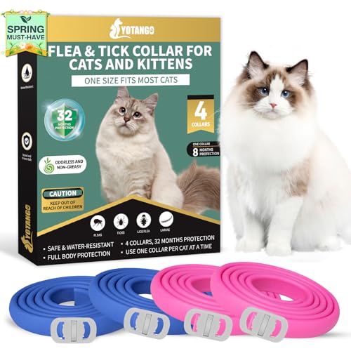 4 Pack Flea Collar for Cats, 32 Months Flea and Tick Prevention for Cat, Waterproof & Natural Cat Flea and Tick Treatment, Adjustable for Cats Kittens(Blue&Pink)
